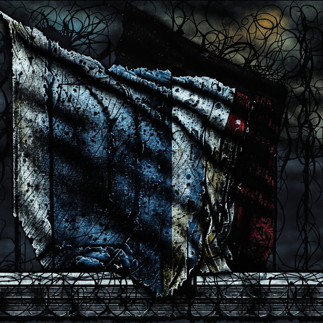 An evocative illustration of a ripped, faded, and dripping old Romanian flag entangled in a wire fence, set against a dark abstract background