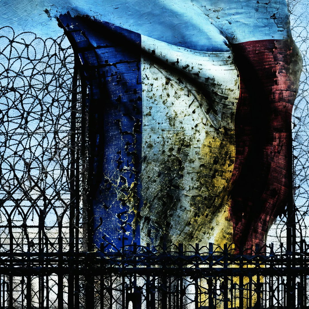 An evocative illustration of a ripped, faded, and dripping old Romanian flag entangled in a wire fence, set against an abstract background