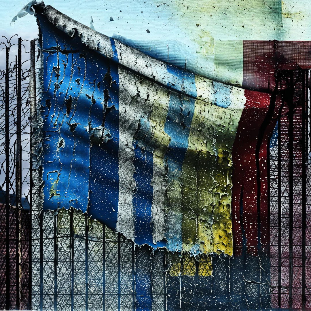 An evocative illustration of a ripped, faded, and dripping old Romanian flag entangled in a wire fence, set against an abstract background