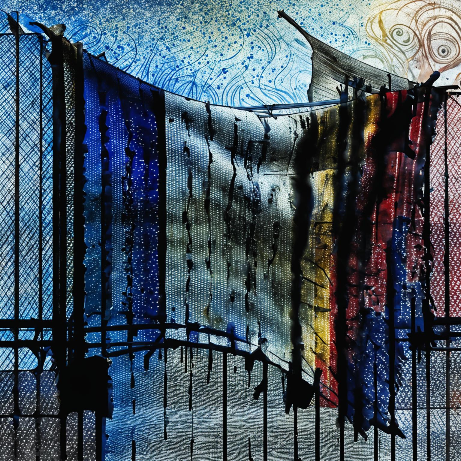 An evocative illustration of a ripped, faded, and dripping old Romanian flag entangled in a wire fence, set against an abstract background