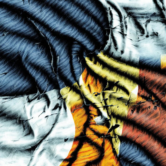 An abstract illustration of a crumbling, ripped, and torn blanket in blue, yellow, and red, set against a swirling abstract background