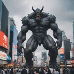 An immense anime-style monster looming over the bustling cityscape of Shibuya, Tokyo.