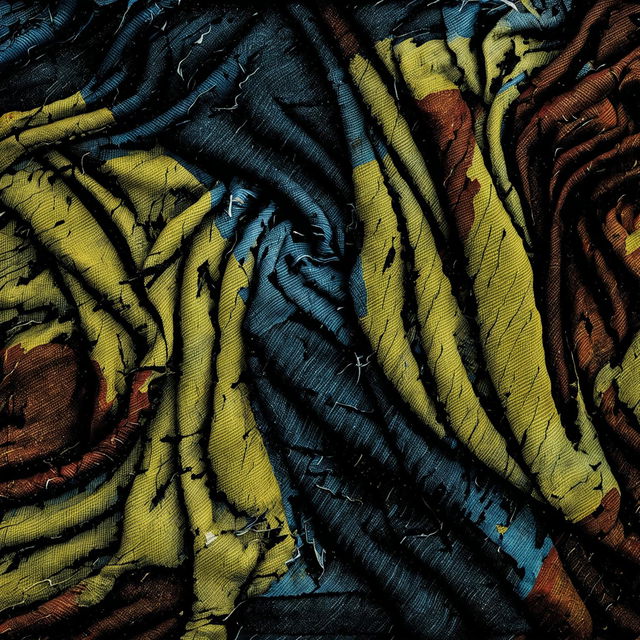 An abstract illustration of a faded, crumbling, ripped, and torn blanket in blue, yellow, and red, set against a dark abstract background