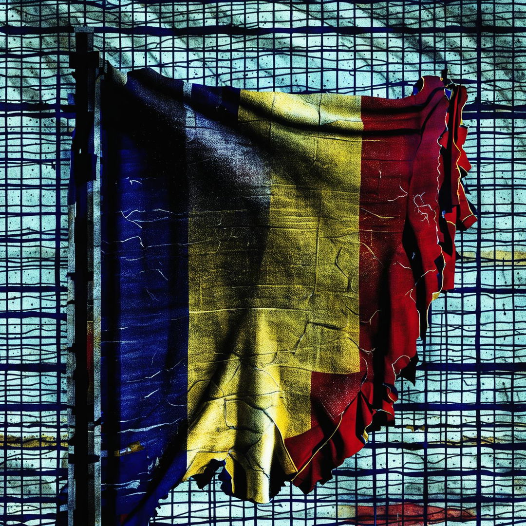 An abstract illustration of a faded, crumbled, and ripped blanket in blue, yellow, and red, with iron bars in the background, set against an abstract backdrop