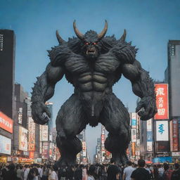 An immense anime-style monster looming over the bustling cityscape of Shibuya, Tokyo.