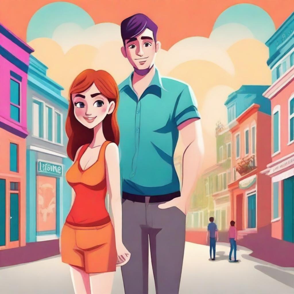 Design an online novel cover featuring a cartoon male and female in the background