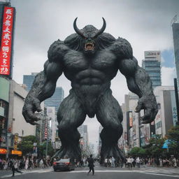 An immense anime-style monster looming over the bustling cityscape of Shibuya, Tokyo.