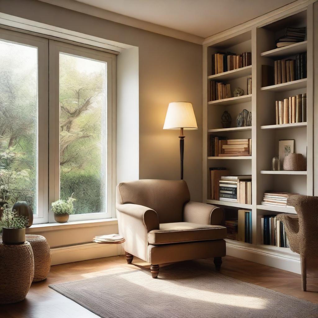 A cozy reading room filled with bookshelves, a comfortable armchair, and a small table with a lamp