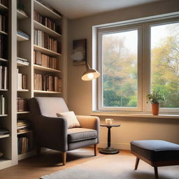 A cozy reading room filled with bookshelves, a comfortable armchair, and a small table with a lamp