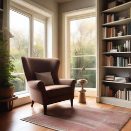 A cozy reading room filled with bookshelves, a comfortable armchair, and a small table with a lamp