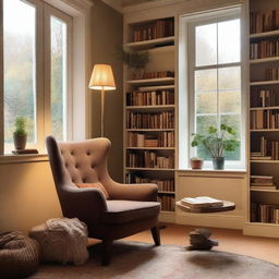 A cozy reading room filled with bookshelves, a comfortable armchair, and a small table with a lamp