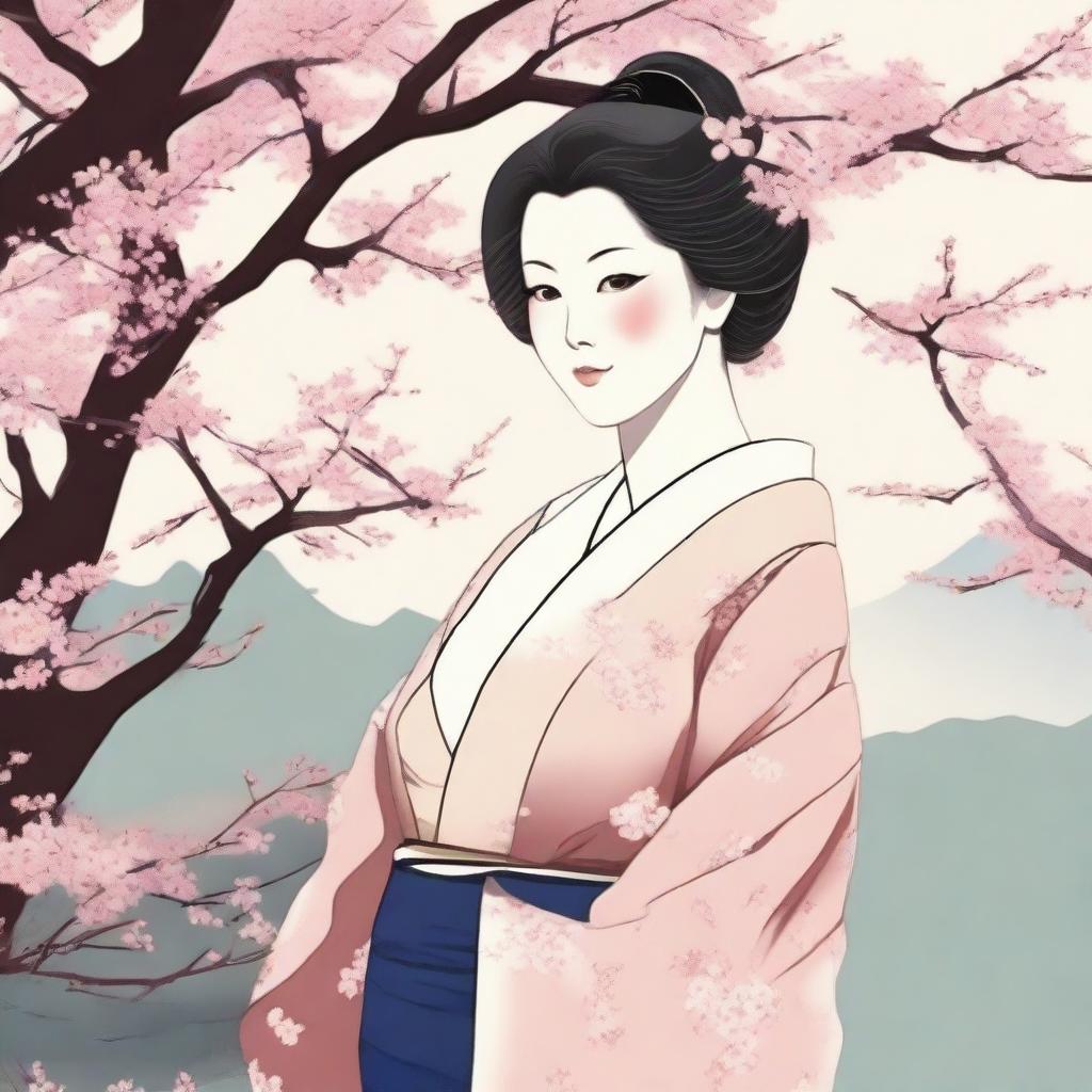 A Japanese woman with large breasts, depicted in a respectful and tasteful manner, wearing traditional clothing and standing in a serene garden with cherry blossoms in the background