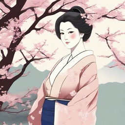 A Japanese woman with large breasts, depicted in a respectful and tasteful manner, wearing traditional clothing and standing in a serene garden with cherry blossoms in the background