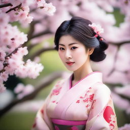 A Japanese woman with large breasts, depicted in a respectful and tasteful manner, wearing traditional clothing and standing in a serene garden with cherry blossoms in the background