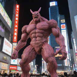 A towering, anime-style monster, bizarrely flesh-like, causing panic and awe as it looms over the vibrant lights of Shibuya, Tokyo.