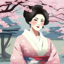 A Japanese woman with large breasts, depicted in a respectful and tasteful manner, wearing traditional clothing and standing in a serene garden with cherry blossoms in the background