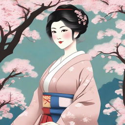 A Japanese woman with large breasts, depicted in a respectful and tasteful manner, wearing traditional clothing and standing in a serene garden with cherry blossoms in the background