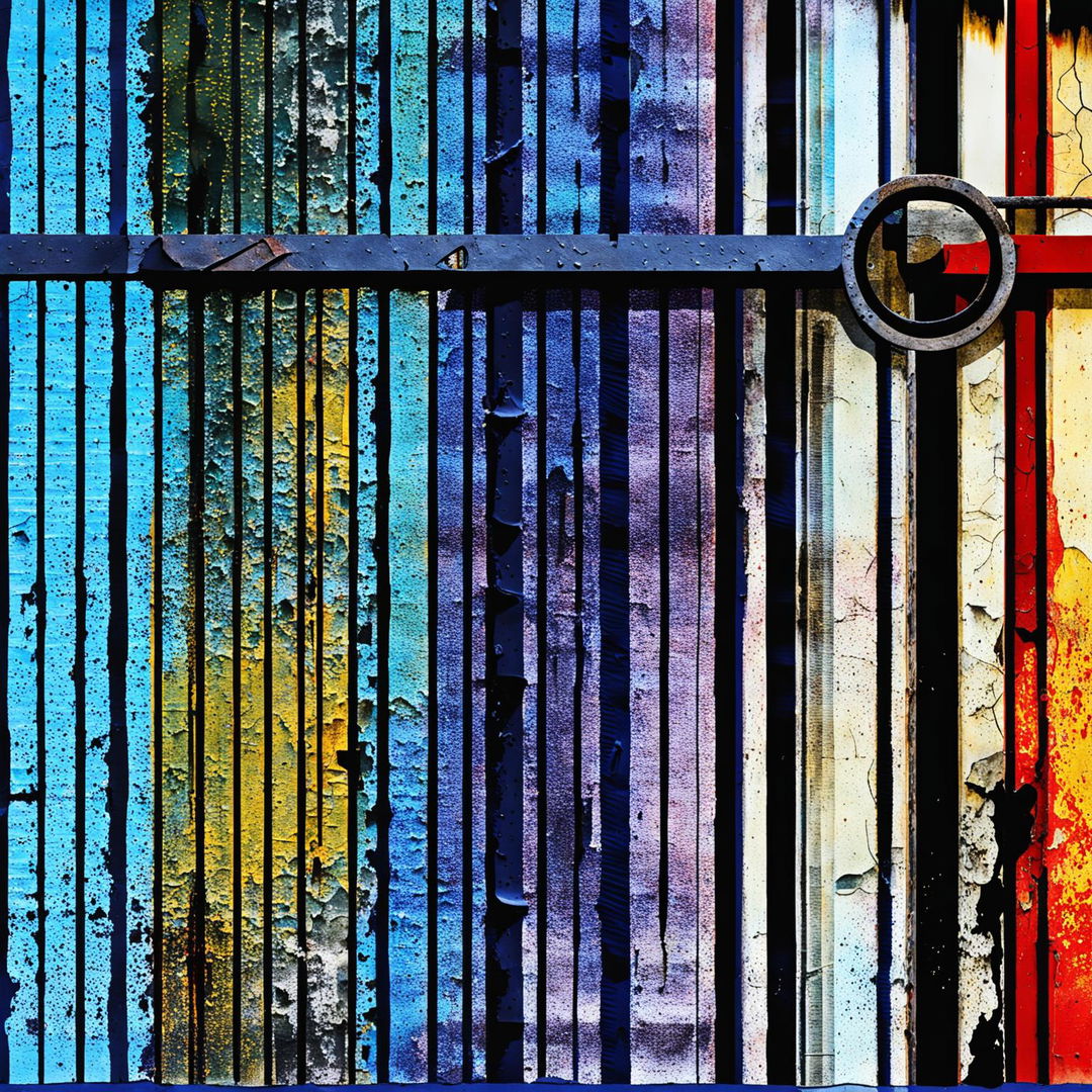 An abstract illustration of a ripped, crumbling, and faded blue, yellow, and red background with iron bars in the foreground, set against a dark abstract backdrop