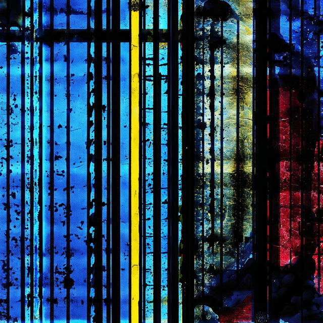 An abstract illustration of a ripped, crumbling, and faded blue, yellow, and red background with iron bars in the foreground, set against a dark abstract backdrop