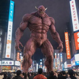 A towering, anime-style monster, bizarrely flesh-like, causing panic and awe as it looms over the vibrant lights of Shibuya, Tokyo.