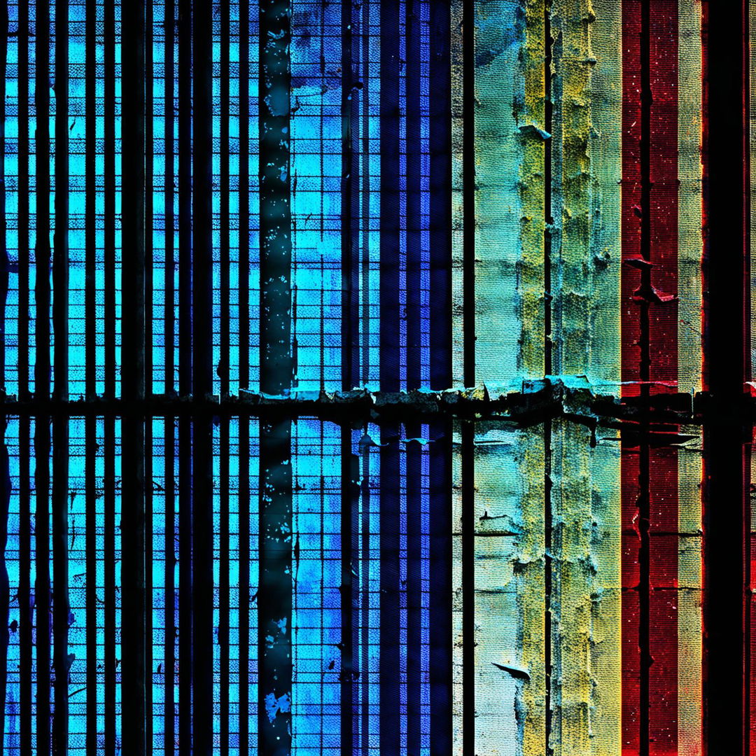 A simple abstract illustration of a ripped, crumbling, and faded blue, yellow, and red background with iron bars in the foreground, set against a dark abstract backdrop