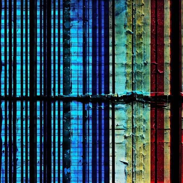 A simple abstract illustration of a ripped, crumbling, and faded blue, yellow, and red background with iron bars in the foreground, set against a dark abstract backdrop