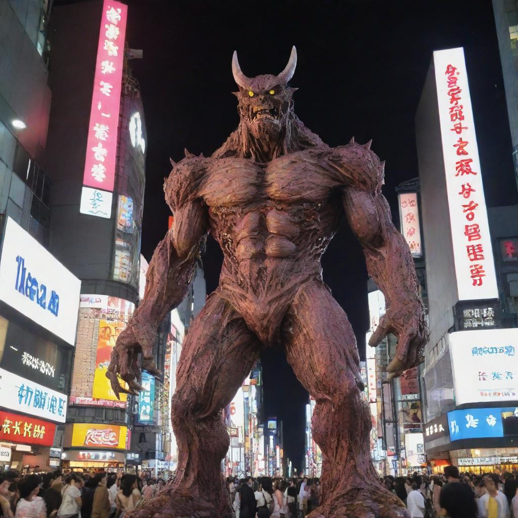 A towering, anime-style monster, bizarrely flesh-like, causing panic and awe as it looms over the vibrant lights of Shibuya, Tokyo.