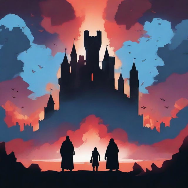 A silhouette of a castle with two large men standing behind it