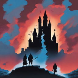 A silhouette of a castle with two large men standing behind it