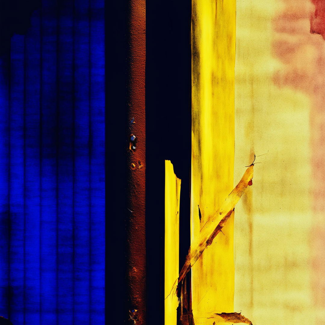 A plain abstract illustration of a faded dark blue, yellow, and red background with a rusted iron bar in the foreground, set against a dark abstract backdrop