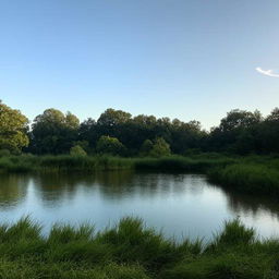 A peaceful landscape with calm water reflecting a clear sky, surrounded by lush greenery.