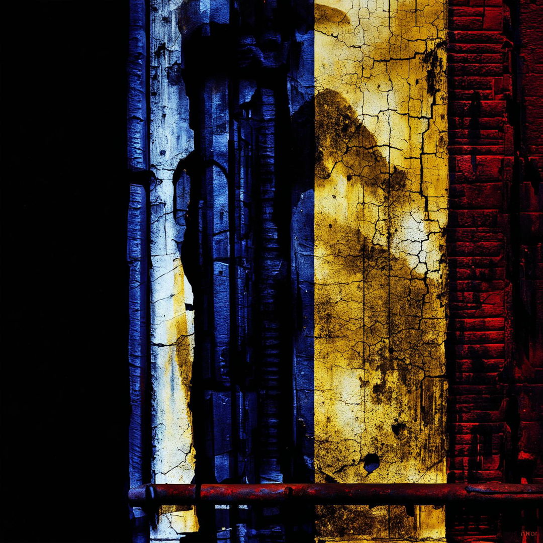 An abstract illustration featuring a faded, crumbling blue, yellow, and red background with a rusted iron bar in the foreground, set against a dark abstract backdrop