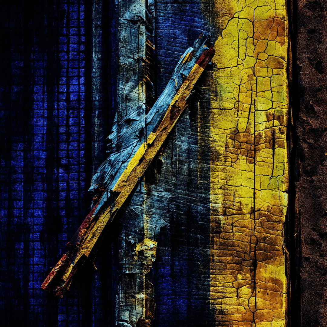 An abstract illustration featuring a faded, crumbling blue, yellow, and red background with a rusted iron bar in the foreground, set against a dark abstract backdrop