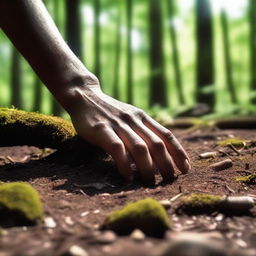 A detailed image of a hand gripping the ground in a dense forest