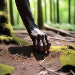 A detailed image of a hand gripping the ground in a dense forest