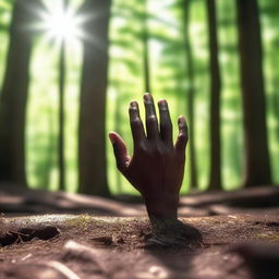 A detailed image of a hand gripping the ground in a dense forest