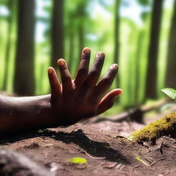 A detailed image of a hand gripping the ground in a dense forest