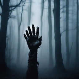 A chilling horror movie scene of a hand being dragged through a dark forest at night