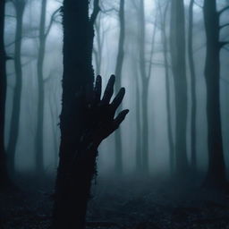 A chilling horror movie scene of a hand being dragged through a dark forest at night