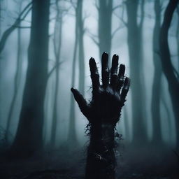 A chilling horror movie scene of a hand being dragged through a dark forest at night