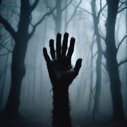 A chilling horror movie scene of a hand being dragged through a dark forest at night