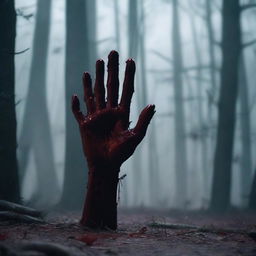 A terrifying horror movie scene of a bloody hand gripping the ground in a dark forest at night