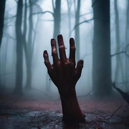 A terrifying horror movie scene of a bloody hand gripping the ground in a dark forest at night