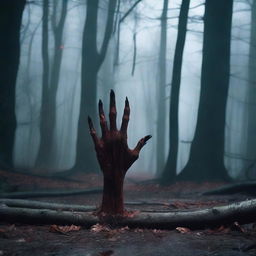 A terrifying horror movie scene of a bloody hand gripping the ground in a dark forest at night