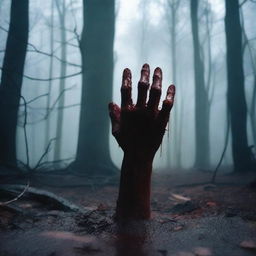 A terrifying horror movie scene of a bloody hand gripping the ground in a dark forest at night