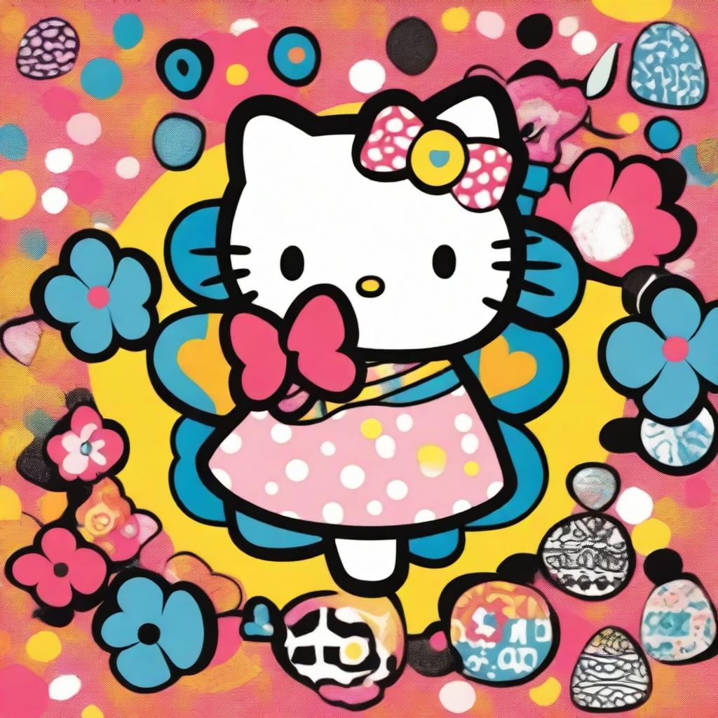 Hello Kitty character styled in 1960s fashion, featuring vibrant and colorful retro patterns, wearing a mod dress with bold geometric designs, and surrounded by elements typical of the 60s such as peace signs, flowers, and vintage decor