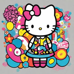 Hello Kitty character styled in 1960s fashion, featuring vibrant and colorful retro patterns, wearing a mod dress with bold geometric designs, and surrounded by elements typical of the 60s such as peace signs, flowers, and vintage decor