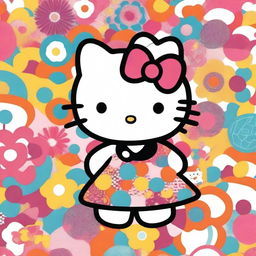 Hello Kitty character styled in 1960s fashion, featuring vibrant and colorful retro patterns, wearing a mod dress with bold geometric designs, and surrounded by elements typical of the 60s such as peace signs, flowers, and vintage decor