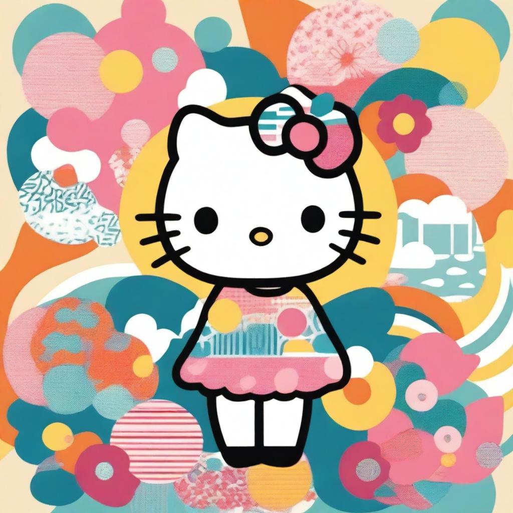 Hello Kitty character styled in 1960s fashion, featuring vibrant and colorful retro patterns, wearing a mod dress with bold geometric designs, and surrounded by elements typical of the 60s such as peace signs, flowers, and vintage decor