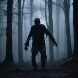 A disturbing horror movie scene of someone being dragged through a dark forest at night